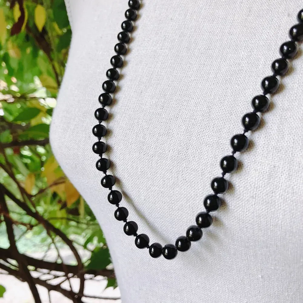 VTG Monet Signed Glossy Jet Black Glass Bead Necklace 70s Long Opera Strand